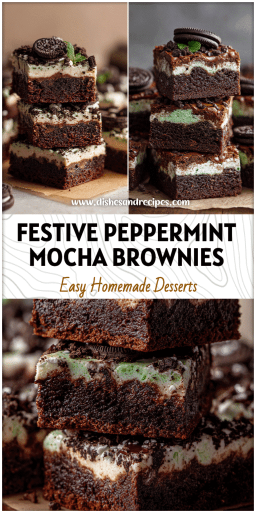 Stack of Peppermint Mocha Brownies topped with crushed Oreos for a festive Christmas dessert.